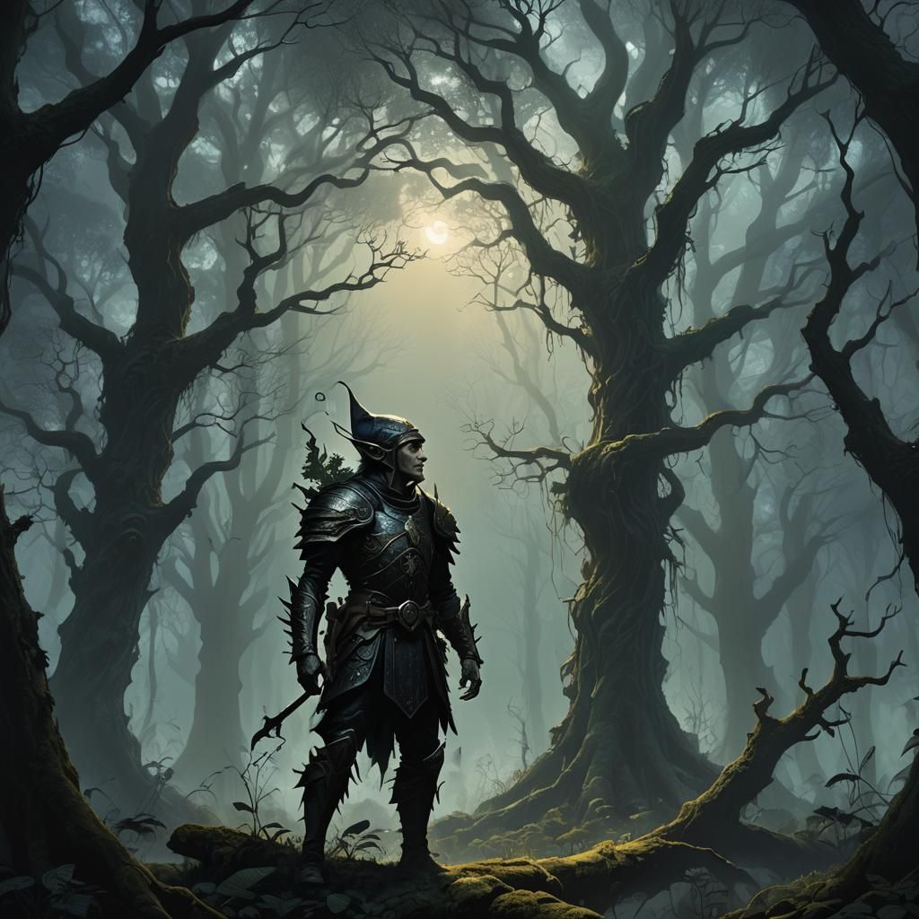 Mystical Elf in Dark Fantasy Forest Concept Art