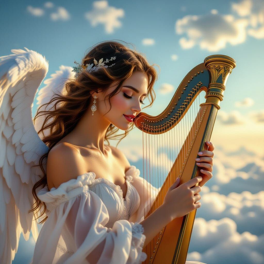 Angel Playing Harp in Dreamlike 3D Style
