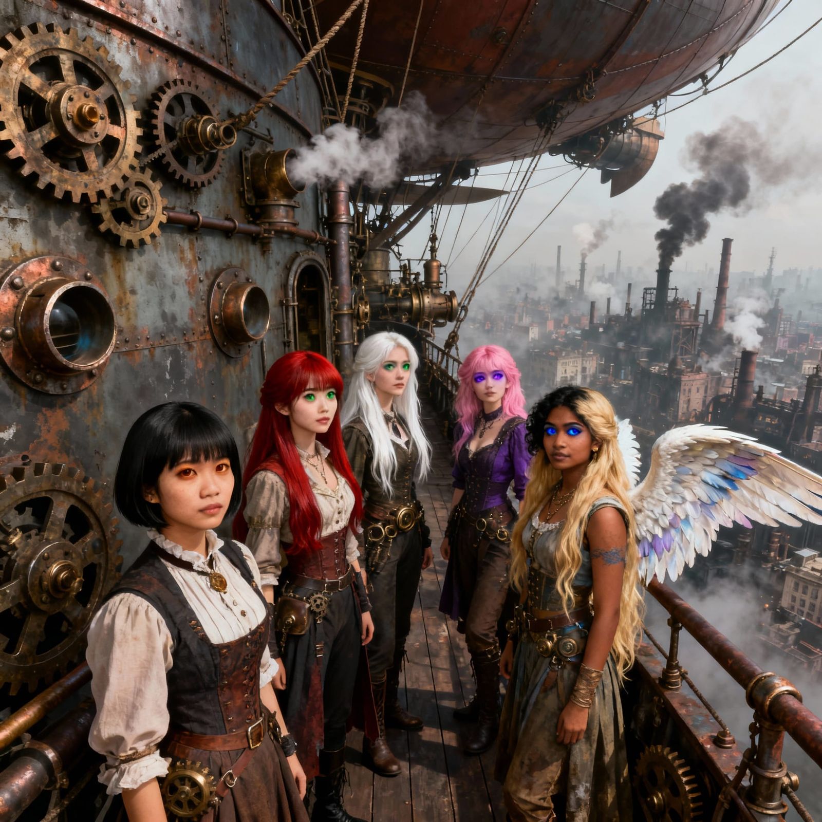 Diverse Women on Dirigible Deck in Steampunk City