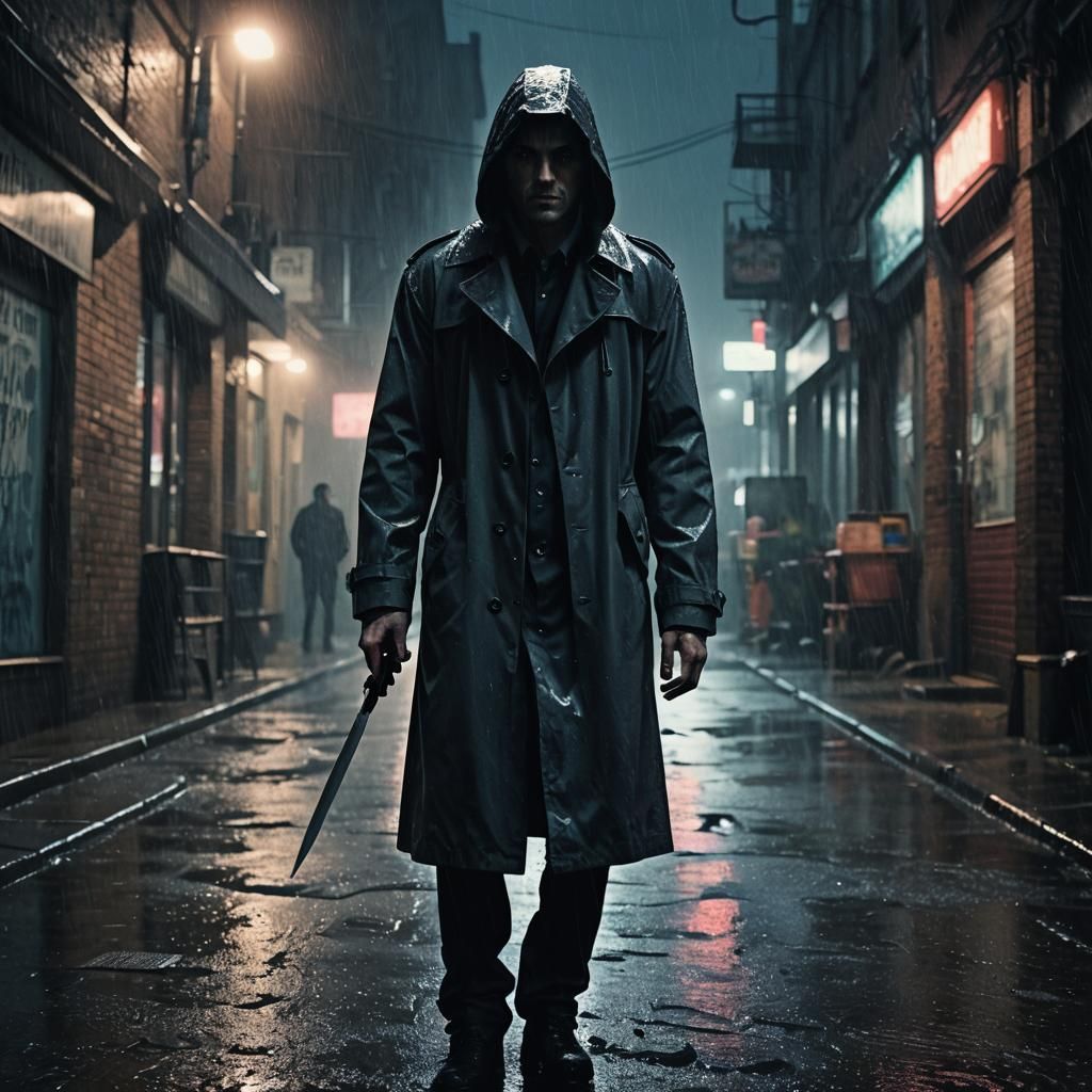 Film Noir Shadow Figure in Rainy Alley