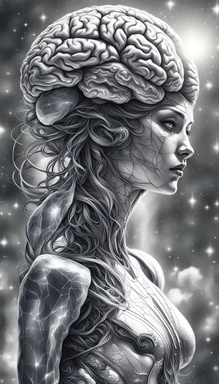 Surreal Pencil Sketch: Female Form, Brain, and Sun