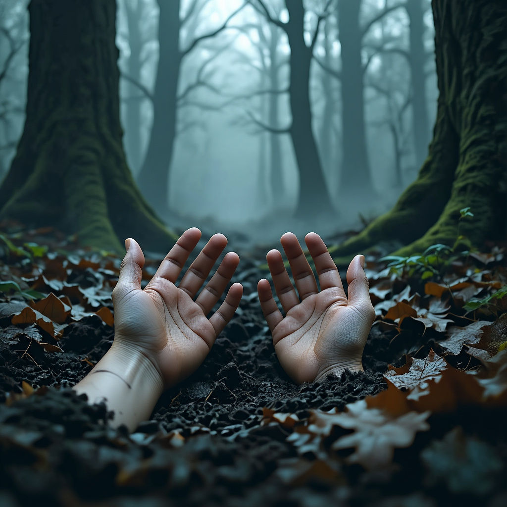 Eerie First-Person View in Misty Ancient Forest