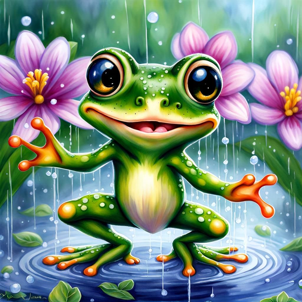 Happy Frog Dancing in the Rain, Watercolor Art