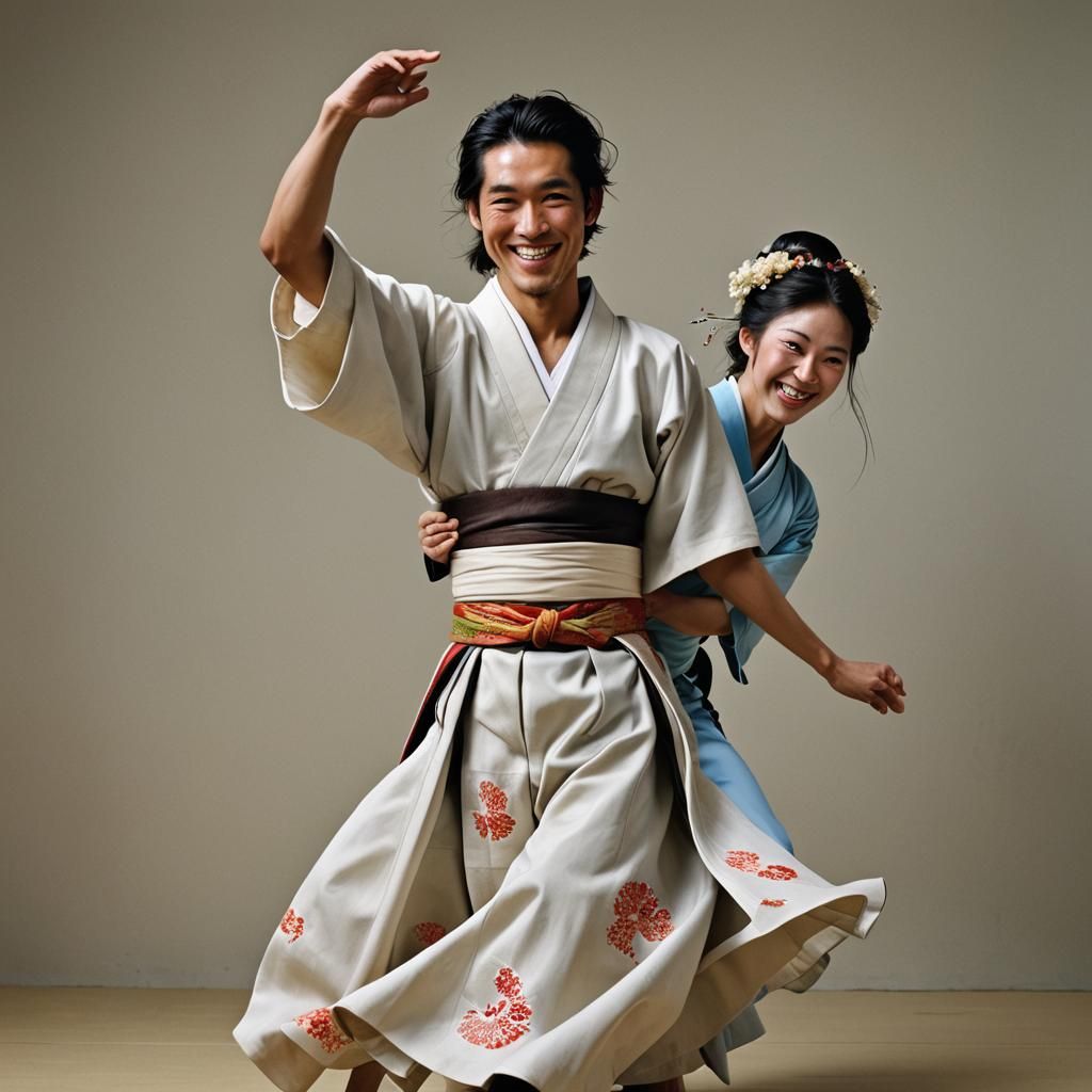 Smiling Japanese Couple Dancing: Professional Portrait