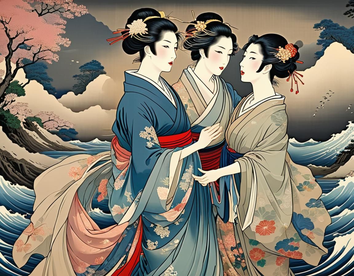 Elegant Androgynes Dancing in Ukiyo-e Style