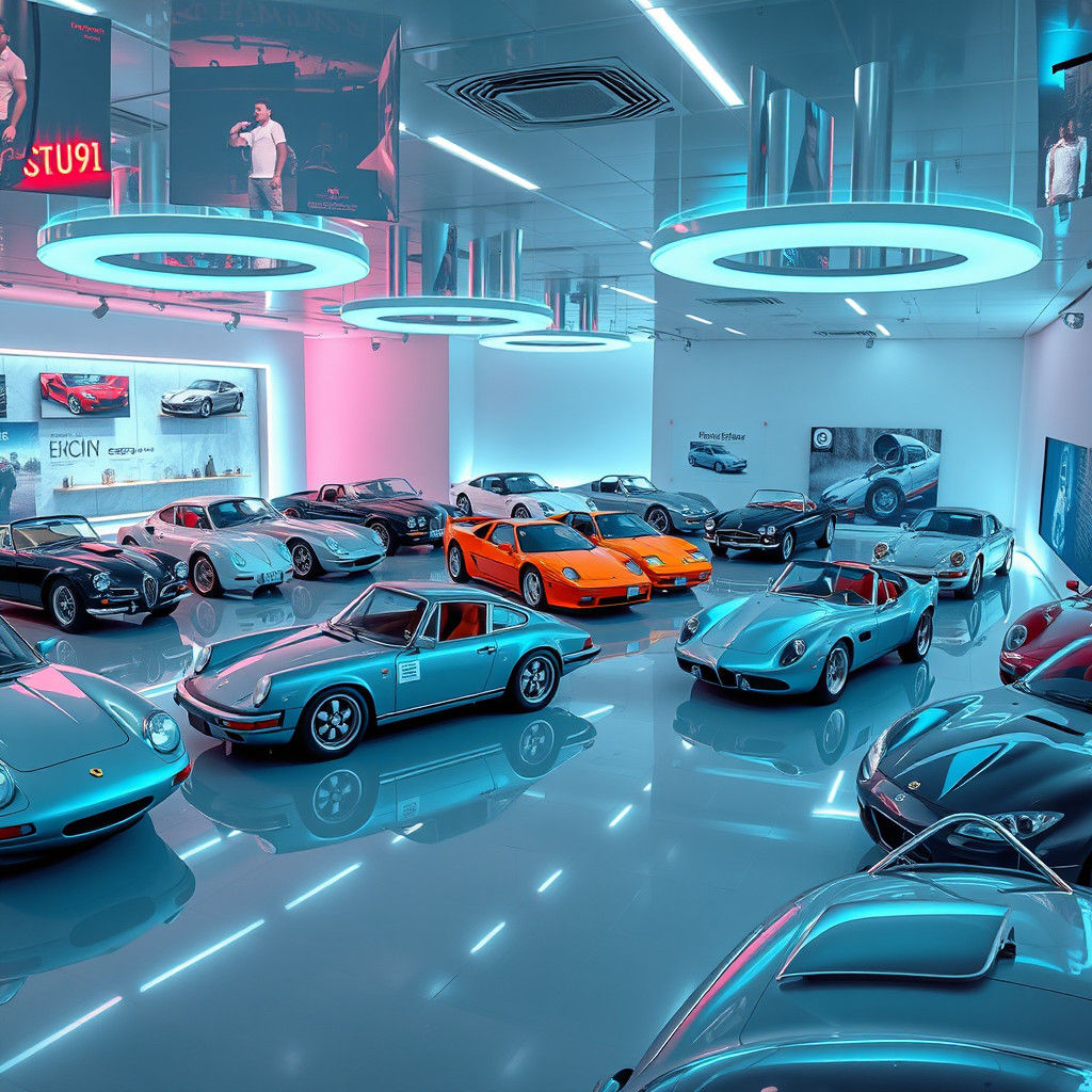 Futuristic Car Showroom with Classic and Concept Cars