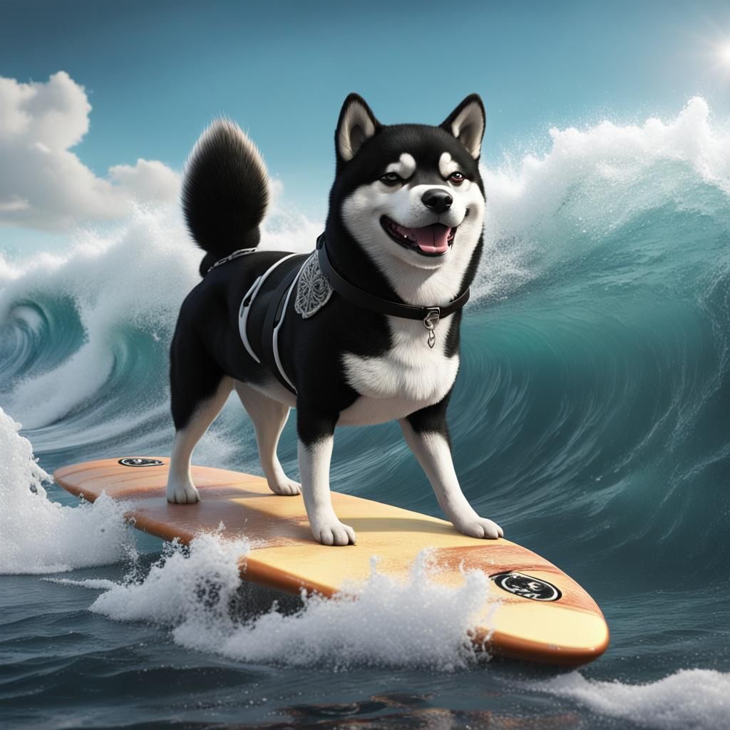 Smiling Shiba Inu Surfing: Black and White Art