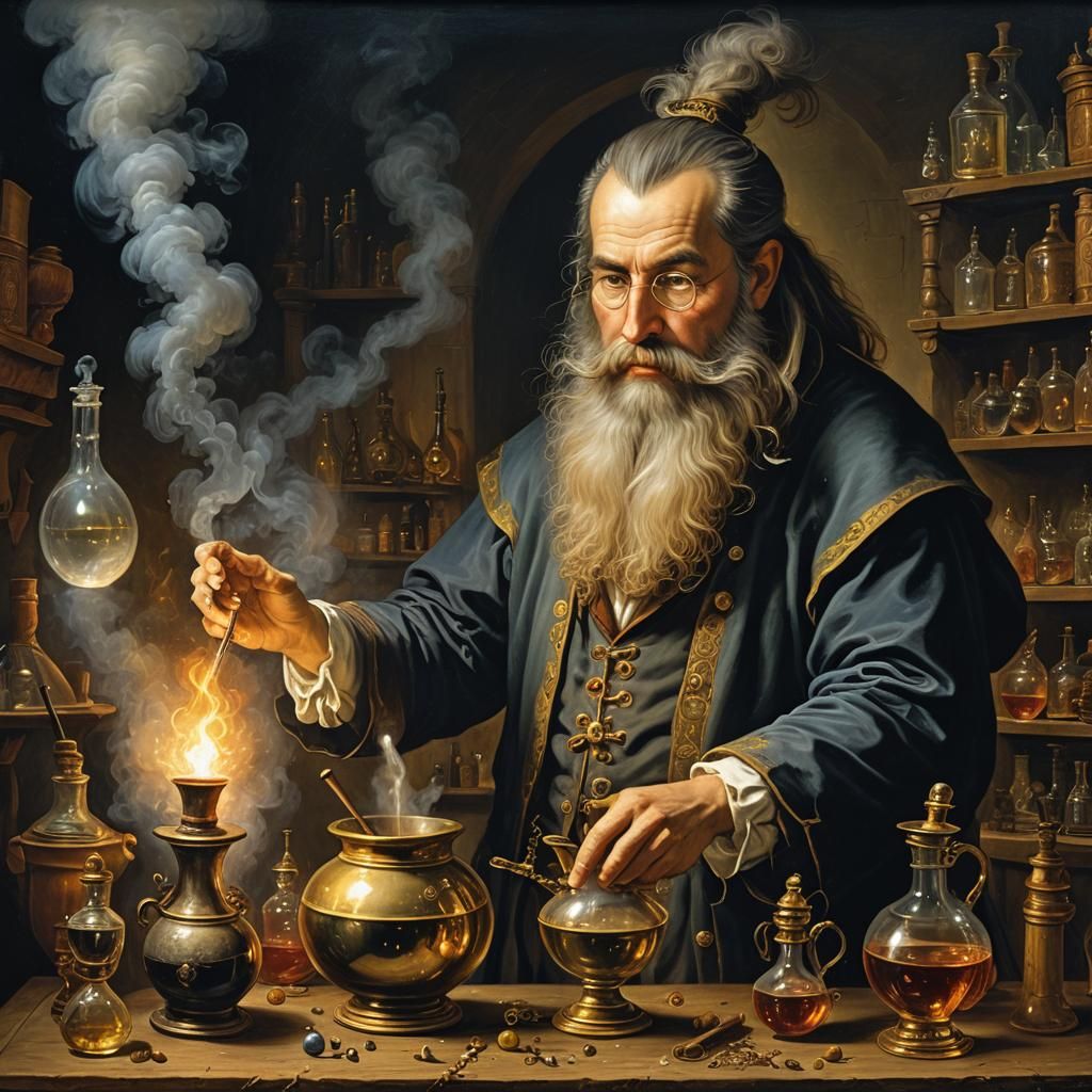 Alchemist Mixing Potions with Alchemy Smoke