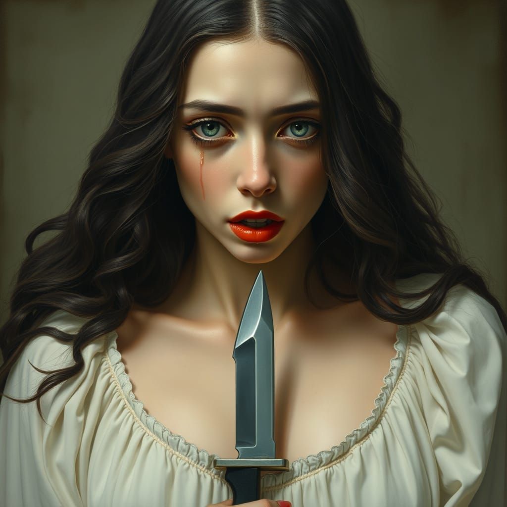 Melancholic Woman with Knife: Pre-Raphaelite Inspired