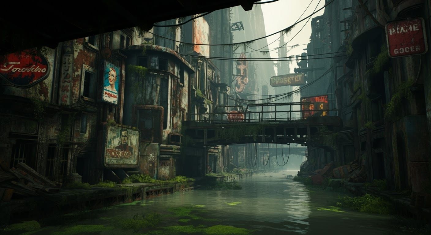 Flooded Atompunk Cityscape in Comic Book Style