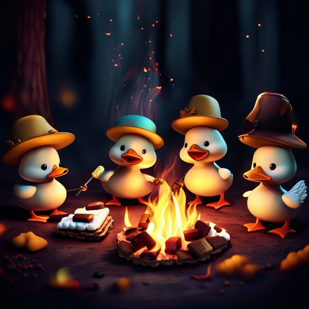 Ducks Roasting S'mores by Campfire, Dark Fantasy Art