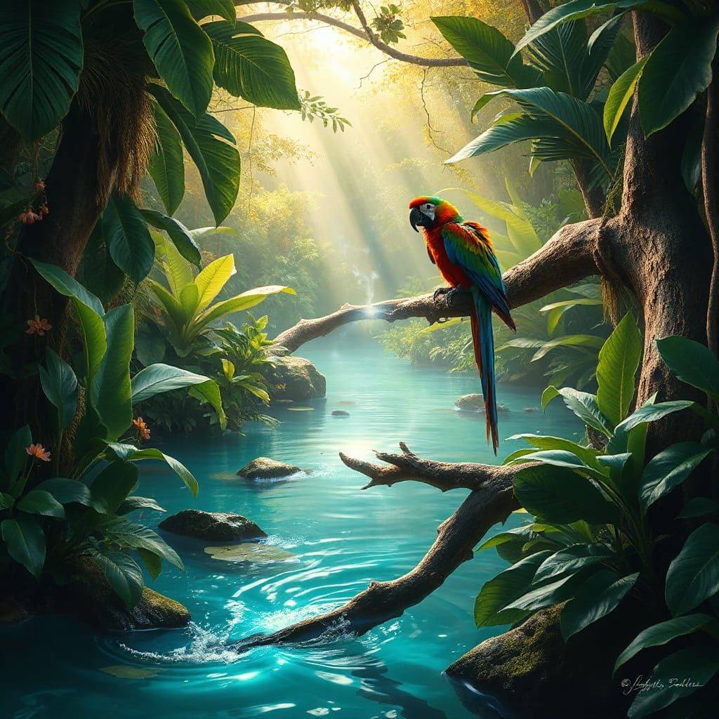 Mystical Jungle Oasis with Ethereal Stream and Vibrant Folia...