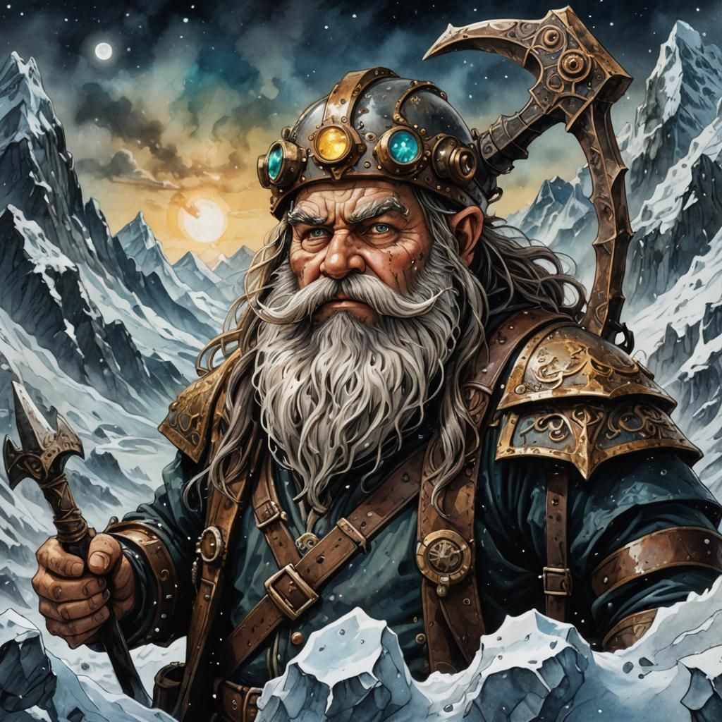 Steampunk Dwarf Miner Portrait in Hyperrealistic Ink Art Sty...