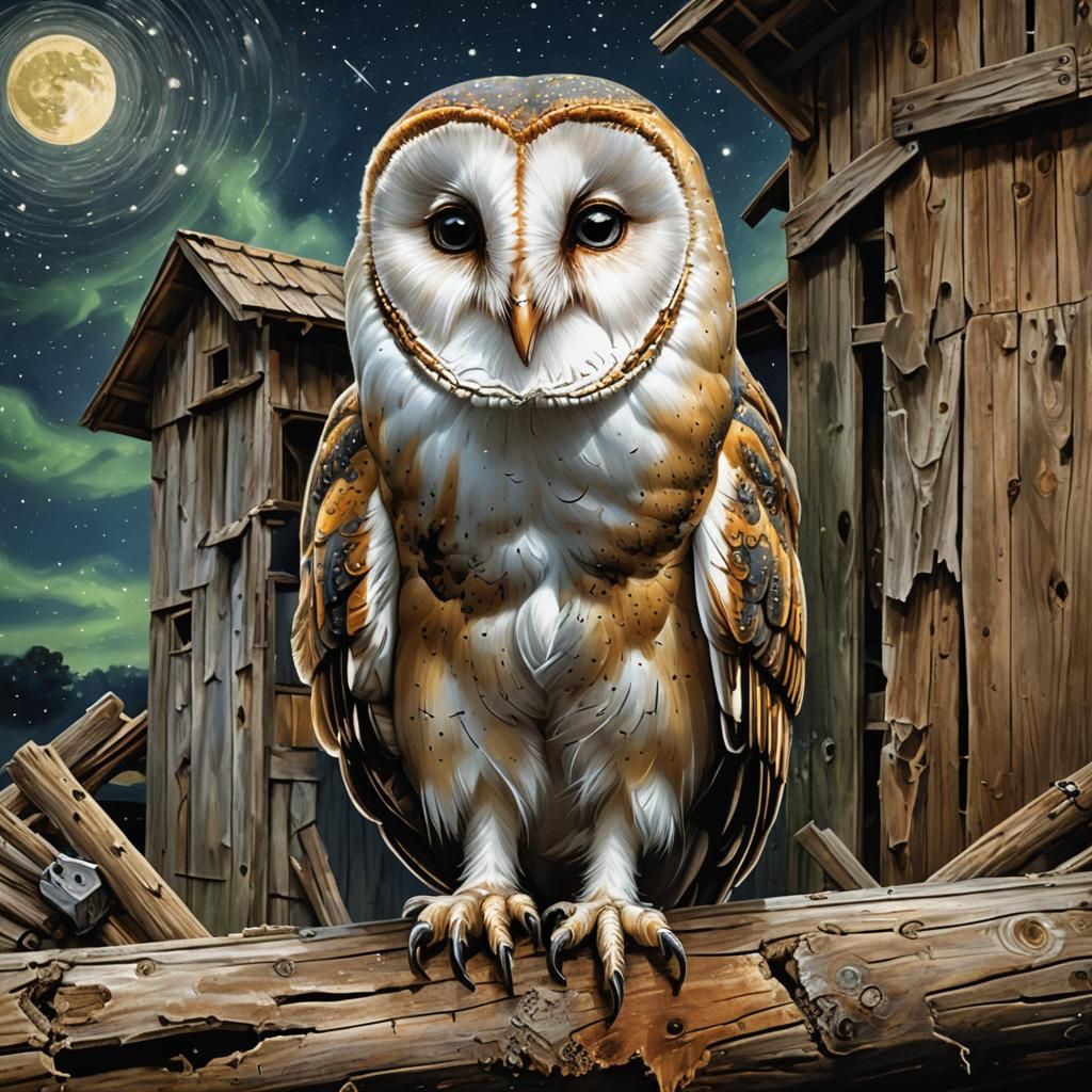 Barn Owl in Old Barn at Night