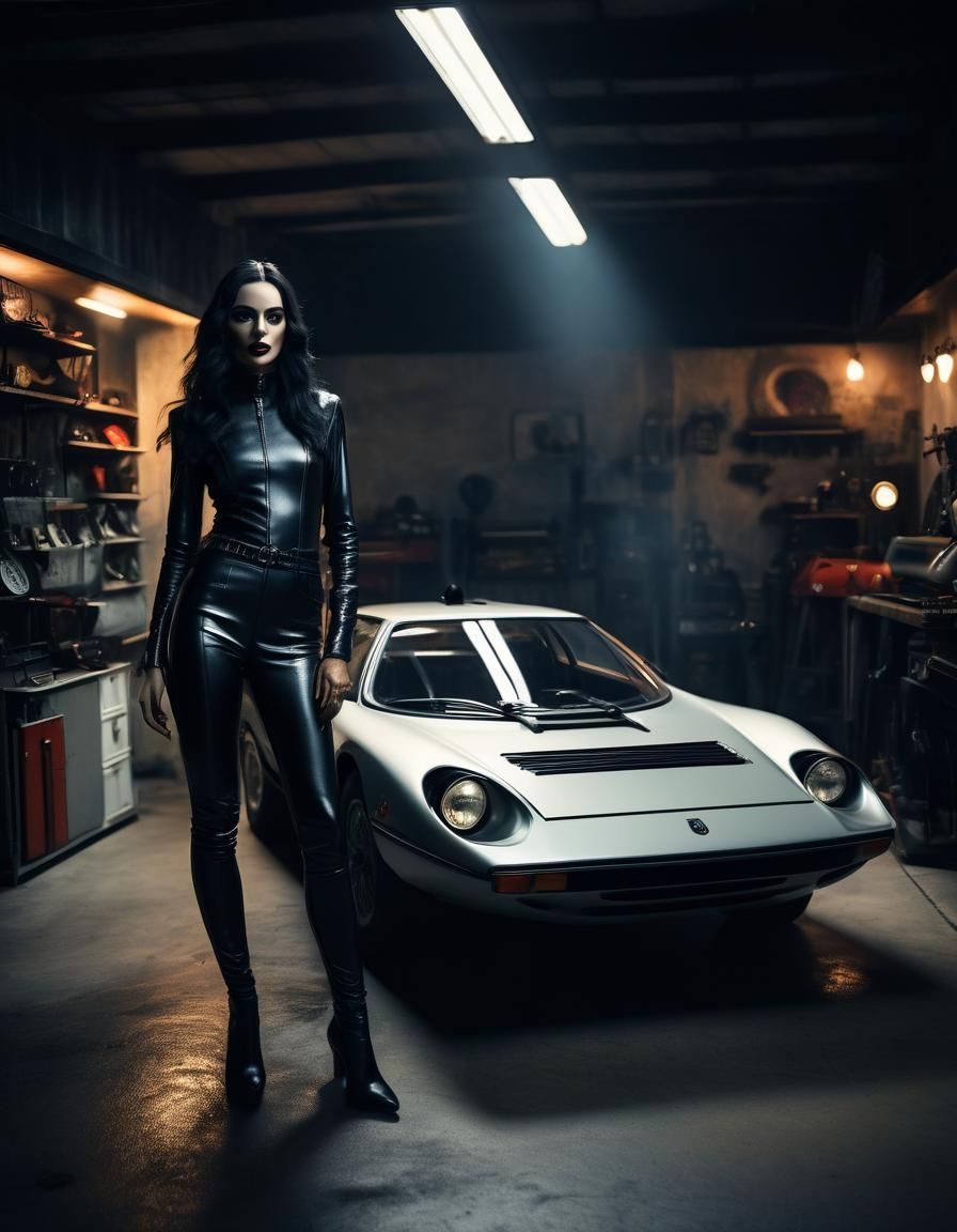 Beautiful Gothic Girl is Standing beside a lancia Stratos Ra...