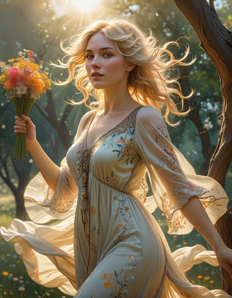 Cheeky Woman with Honey Blonde Hair Swings from Tree