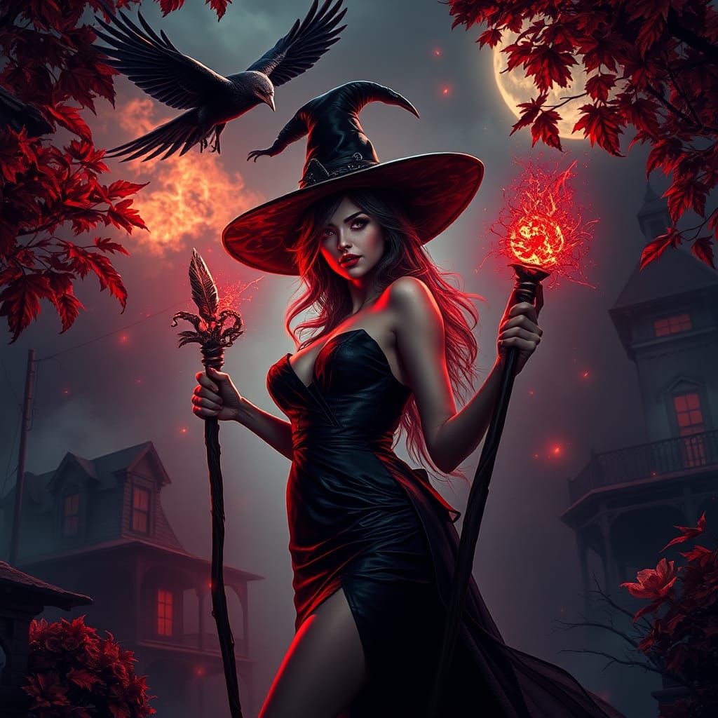 Eerie Witch with Magical Stick in Dark Fantasy Art