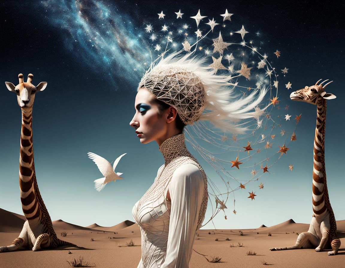 Cosmic Woman With Bird Head Holding Star Cat in Surreal Land...