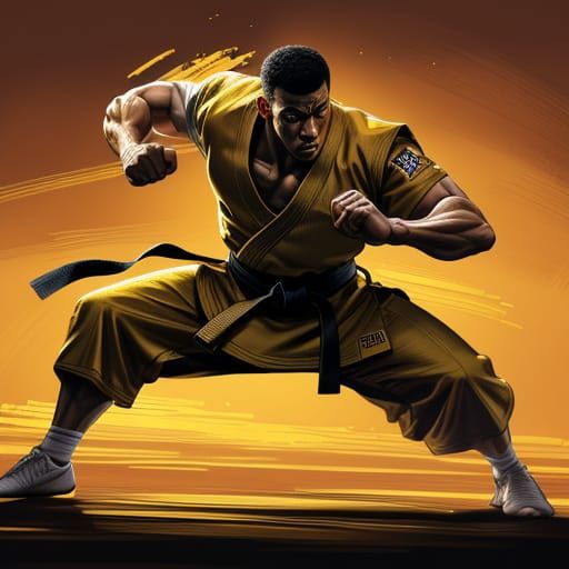 Dynamic Karate Kick in Golden Hour Lighting