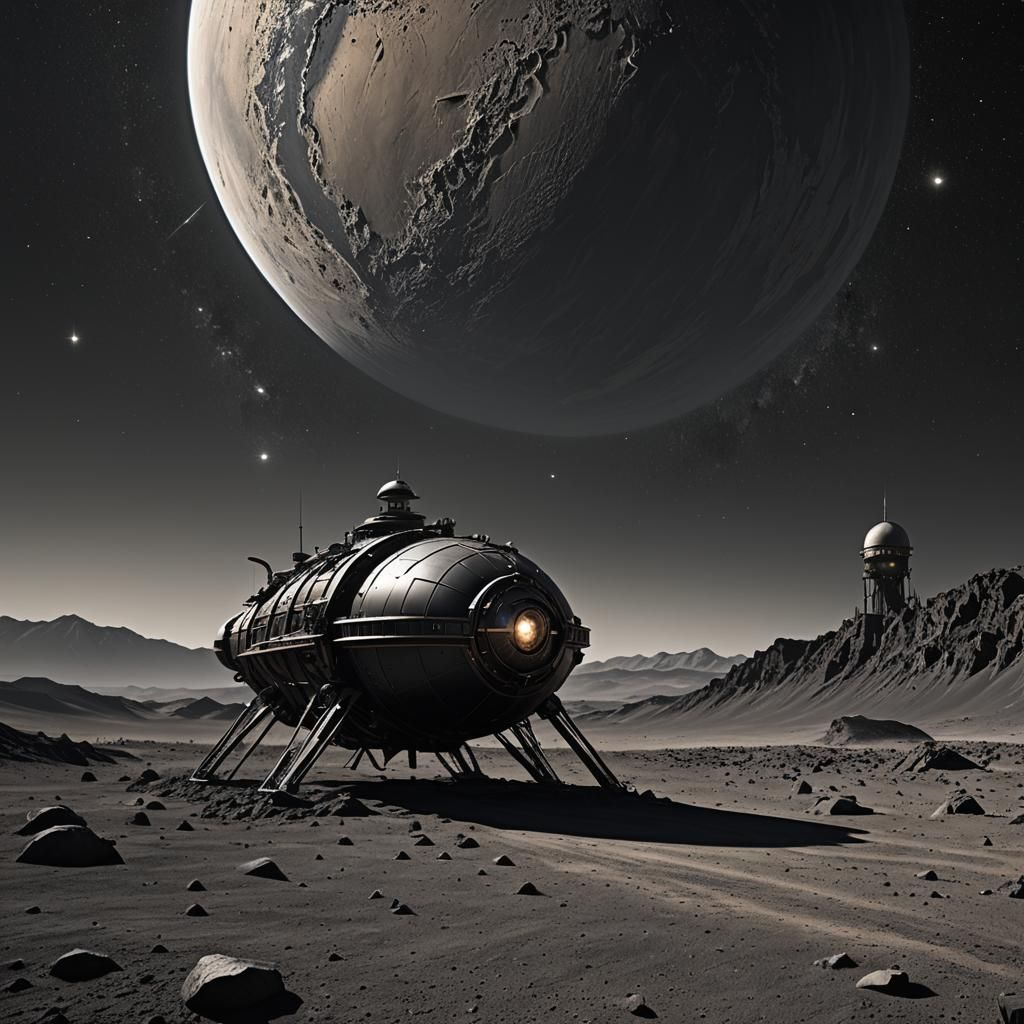 Steampunk Spaceship on Barren Moonscape Near Earth