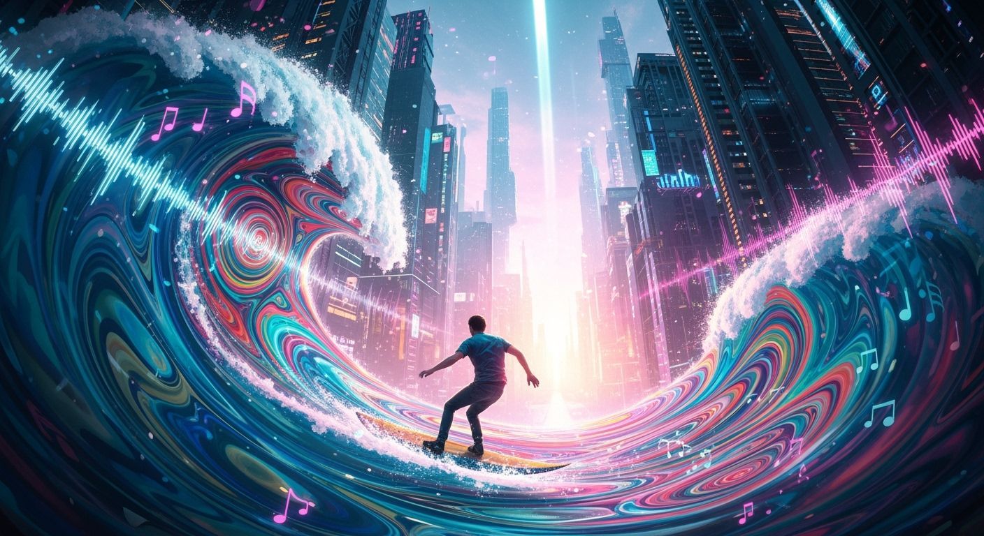 Man Surfs LSD Wave in Psychedelic Fractal City