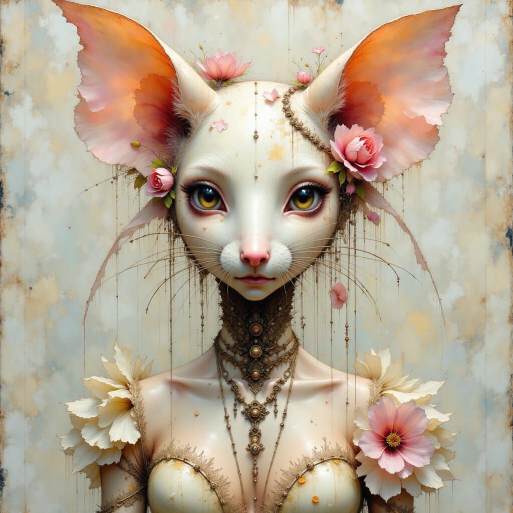 Cyborg Princess in Regal Attire with Schematic Writing