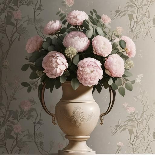 Eucalyptus and Peonies Bouquet in Decorative Urn