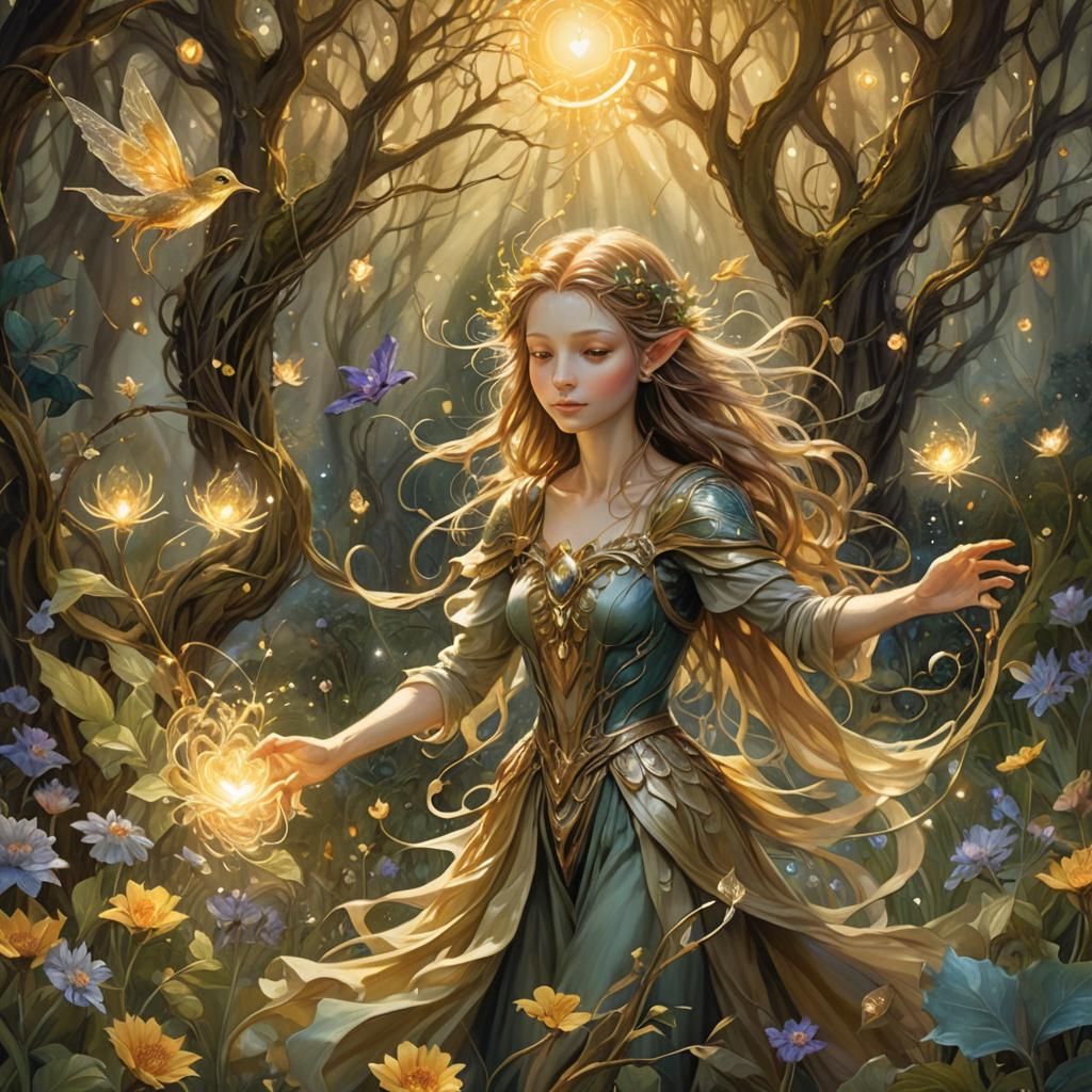 Solarsprite in a Lush Landscape: Whimsical Illustration