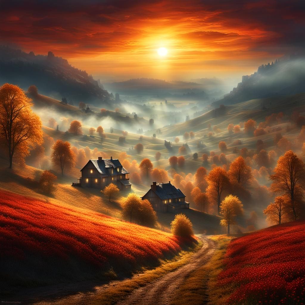 Misty Autumn Landscape with Glowing Sky