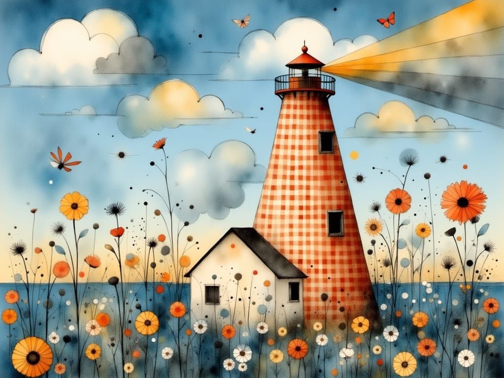 Vibrant Gingham Lighthouse in a Charcoal-Inspired World