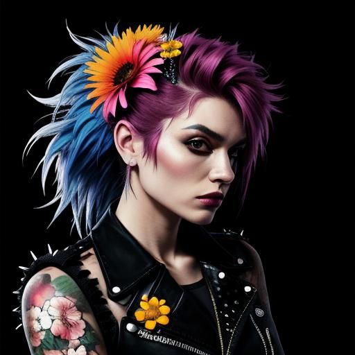 Punk Rocker with Flowers: Striking Visual Contrast
