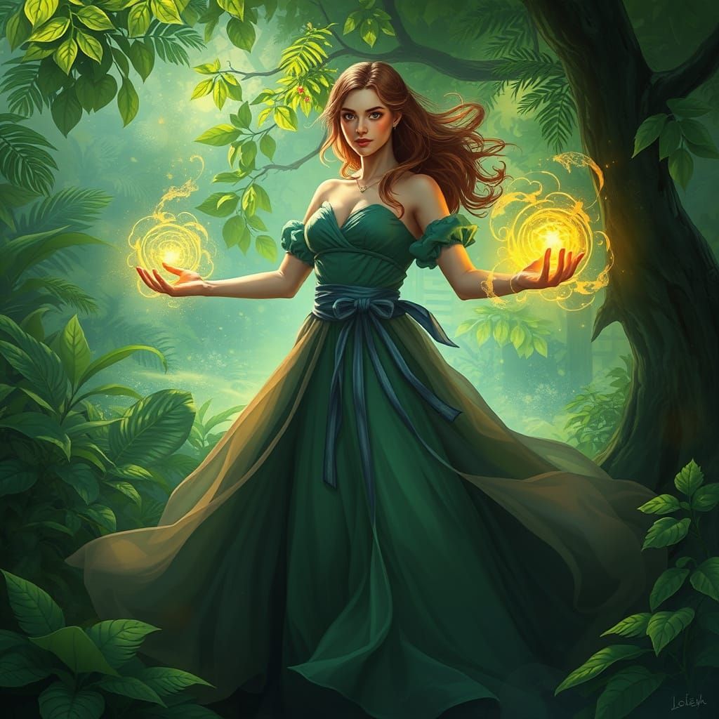 Magical Woman in Green Nature Art Style