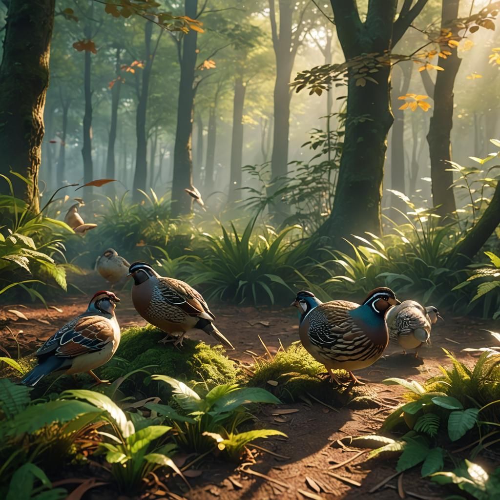 Quails Flushing: 3D Anime Art in Misty Forest