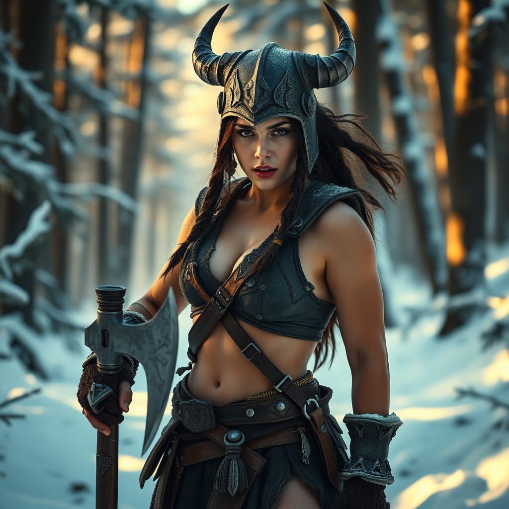 Epic Female Barbarian in Snowy Forest, Cyberpunk Film Noir S...