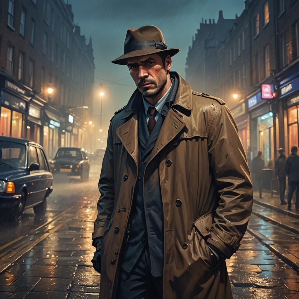 Private Detective in Foggy London Street at Night