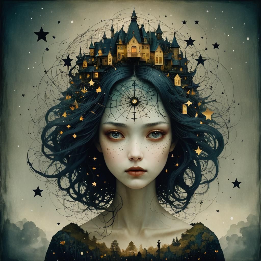 Surreal Star Map House Chase, Dreamy Art