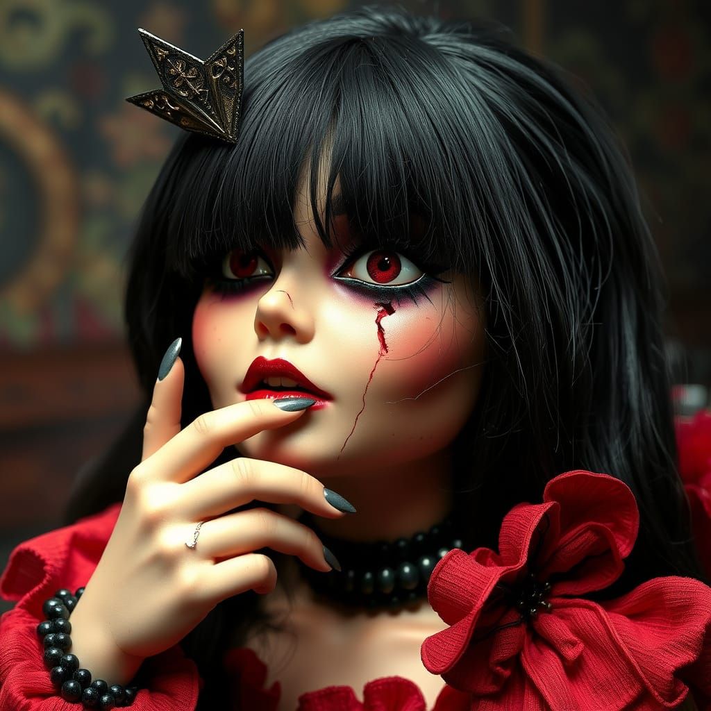 Broken Doll Queen with Dark Hair and Cracked Face