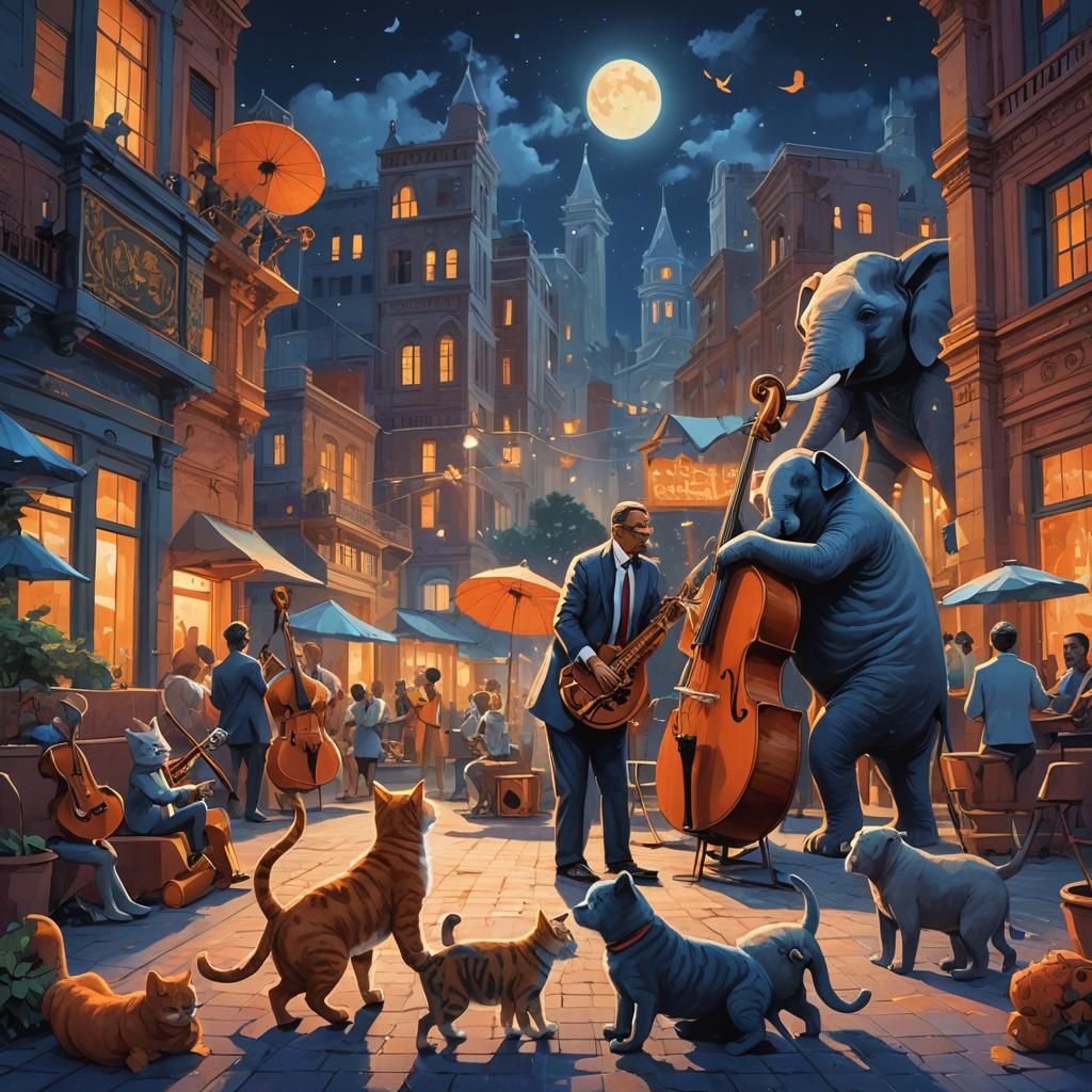 Jazz Trio in Moonlit City Square Concept Art