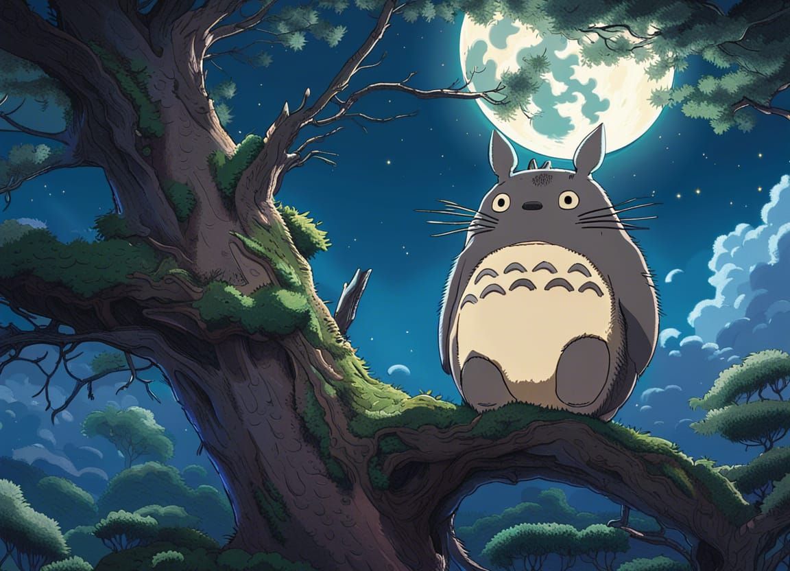Totoro Watches Moon, Ghibli Style Digital Art