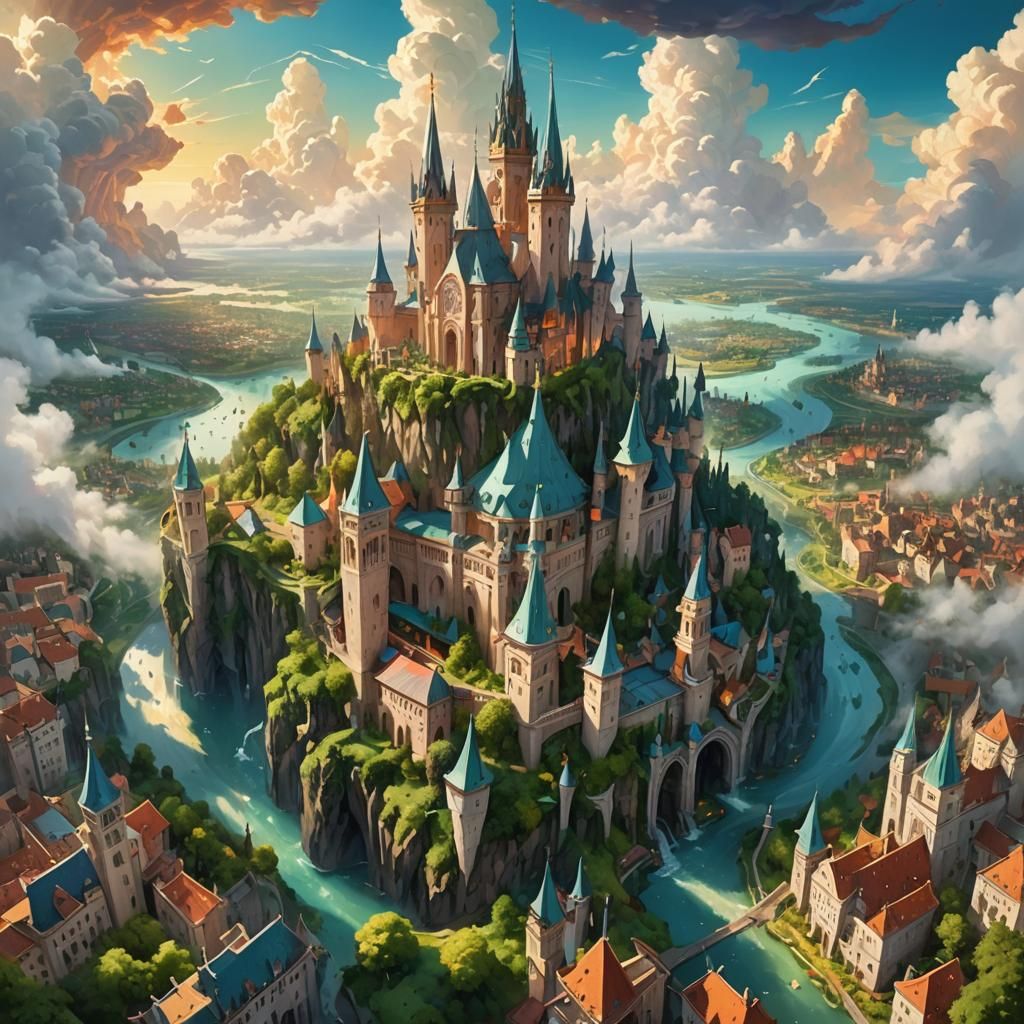 Fantasy City in the Sky: Aerial Oil Painting