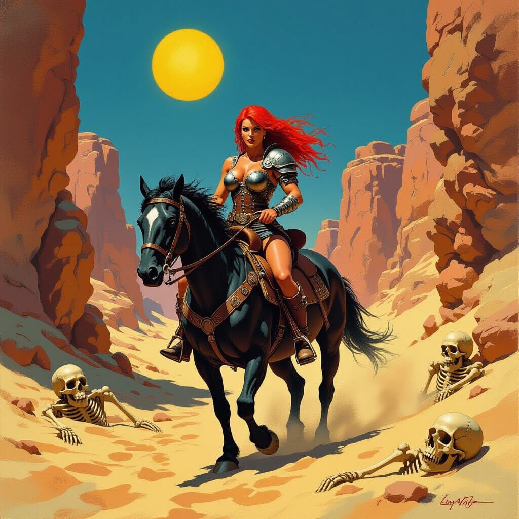 Barbarian Warrior Rides Horse Through Desert Gorge