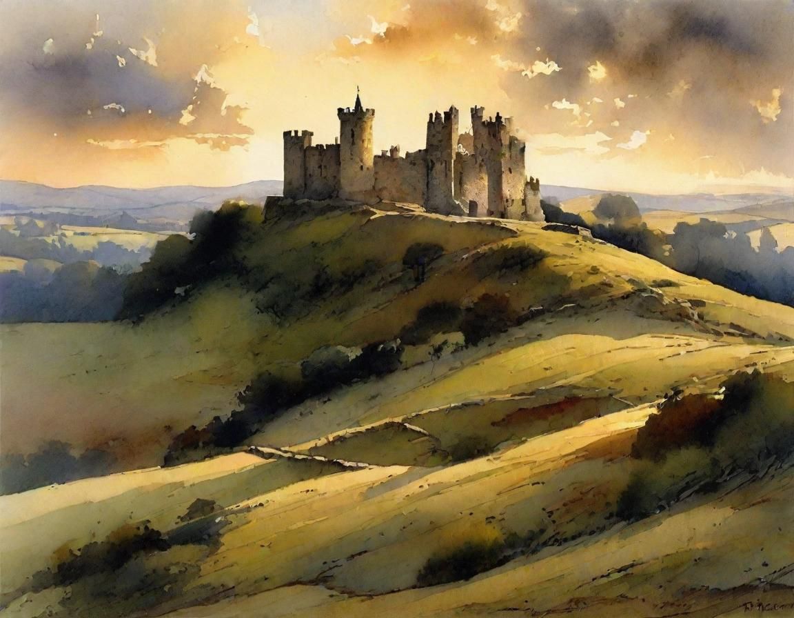 Castle Ruin at Sunset in Watercolor Style