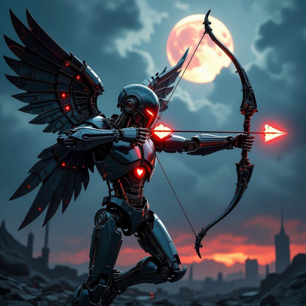 Malevolent Robot Cupid Fires Red Arrow in Apocalyptic Sky