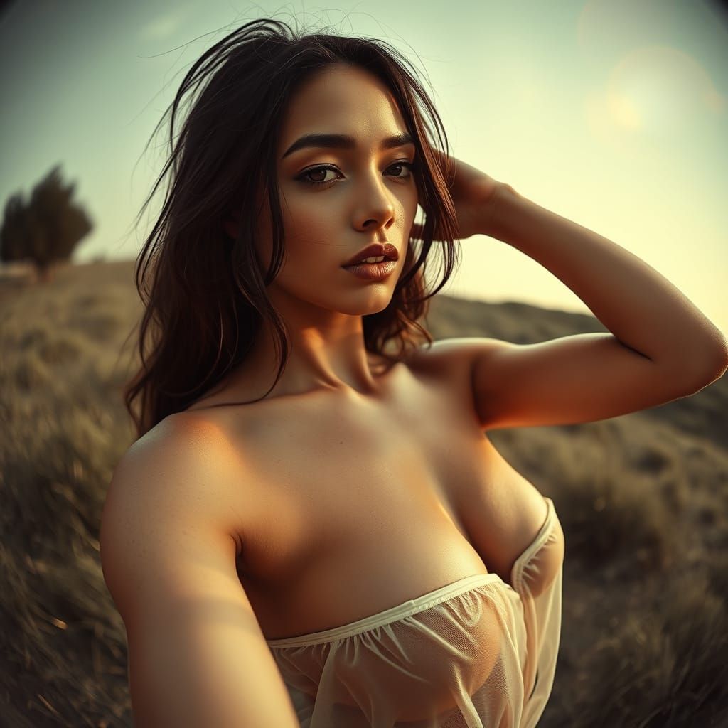 Suggestive Woman in Sepia Tone with Psychedelic Patterns