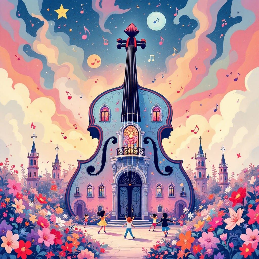 Cello Building with Dancing Children in Murakami Style