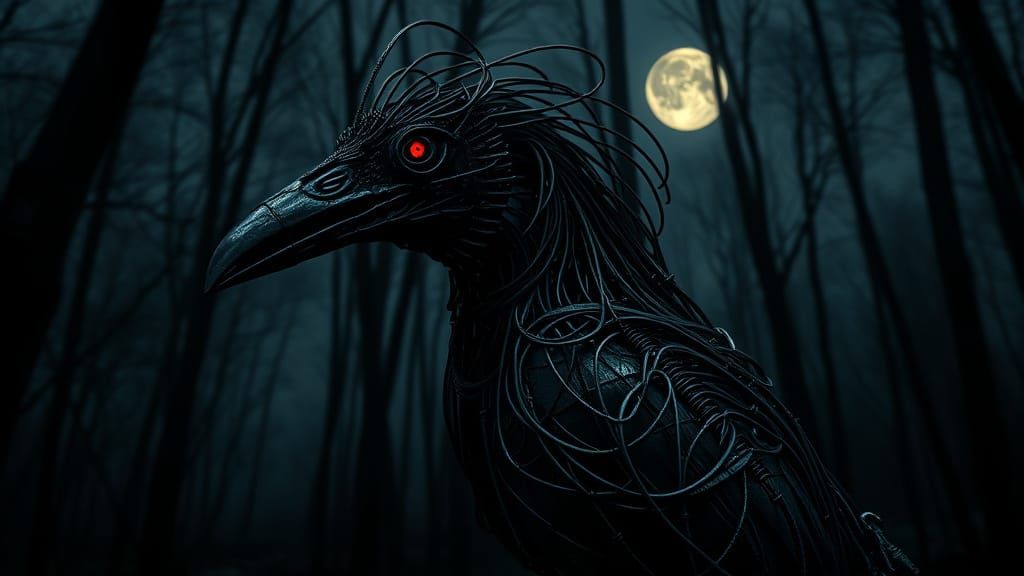 Wire Raven in Dark Forest Under Moonlight