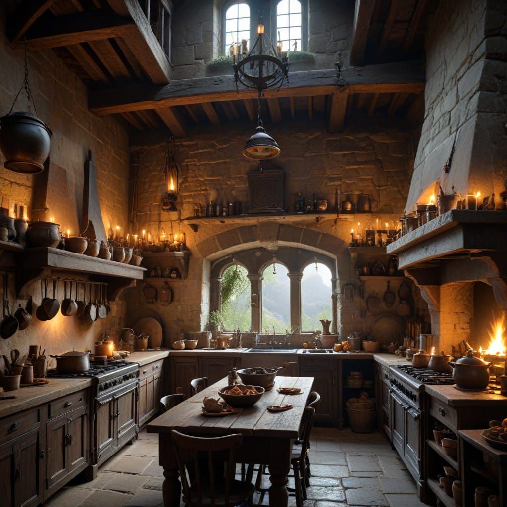 Medieval Castle Kitchen Radiates Warmth in Golden Light