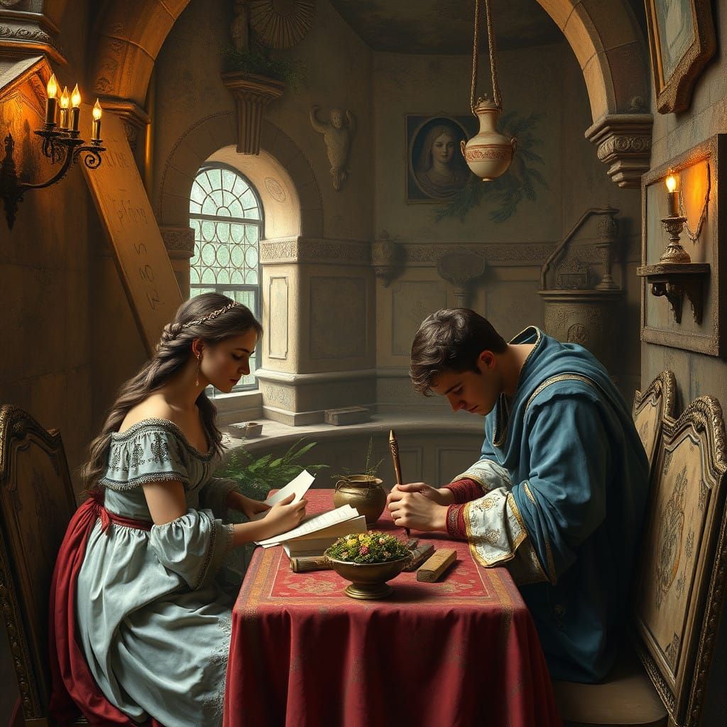 cenário romântico num salão romano real ao lado de uma coluna greco-romana quebrada escrita com as letras escrita "BG" u...