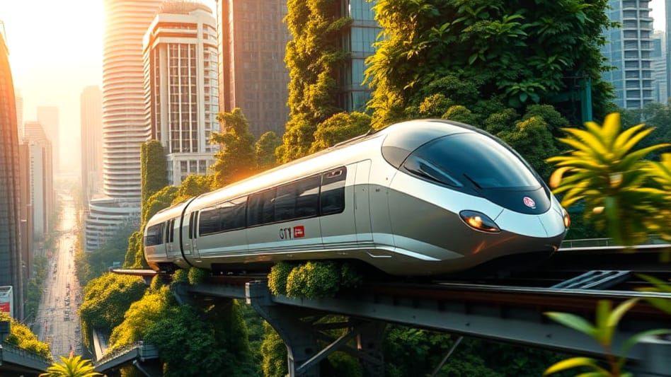 Futuristic Skytrain in a Hyper-Futuristic Green City 2050