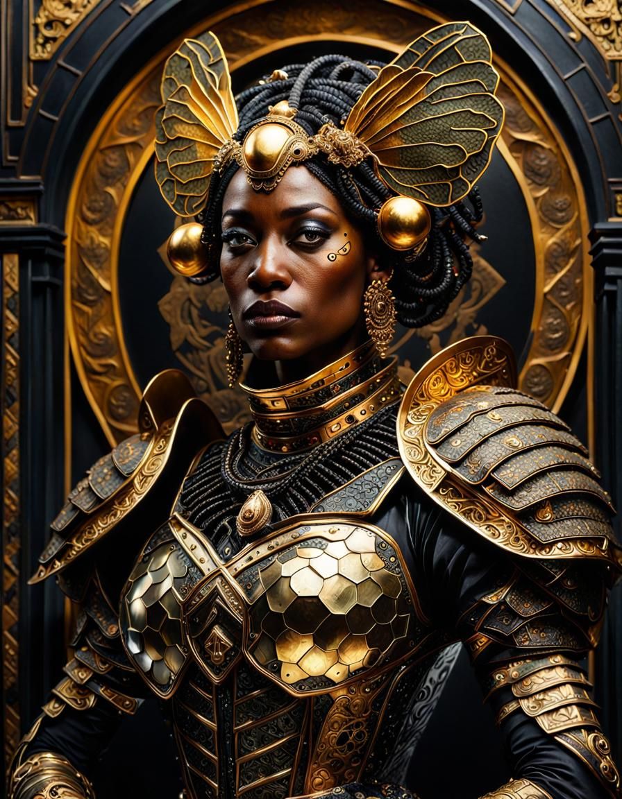 Queen Bee in Gold Armor: Hyperrealistic Digital Art